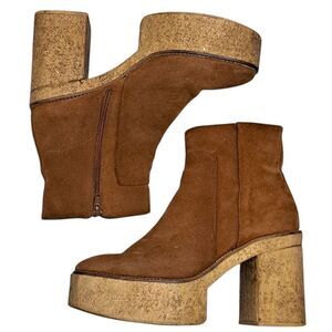 Vintage Zara Y2K Boho Chunky Platform Suede Block Heel Ankle Boots Size 39 Brown